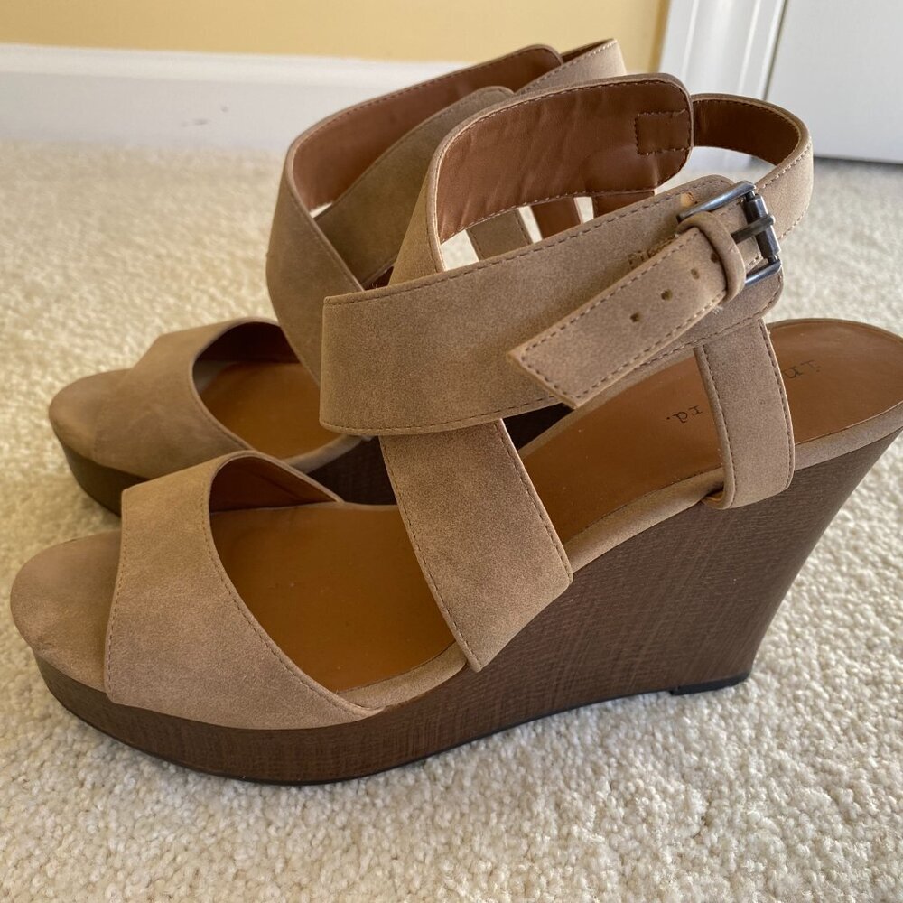 INDIGO RD. tan suede strappy platform sandals, 4" wedge, sz 10 - Picture 7 of 9